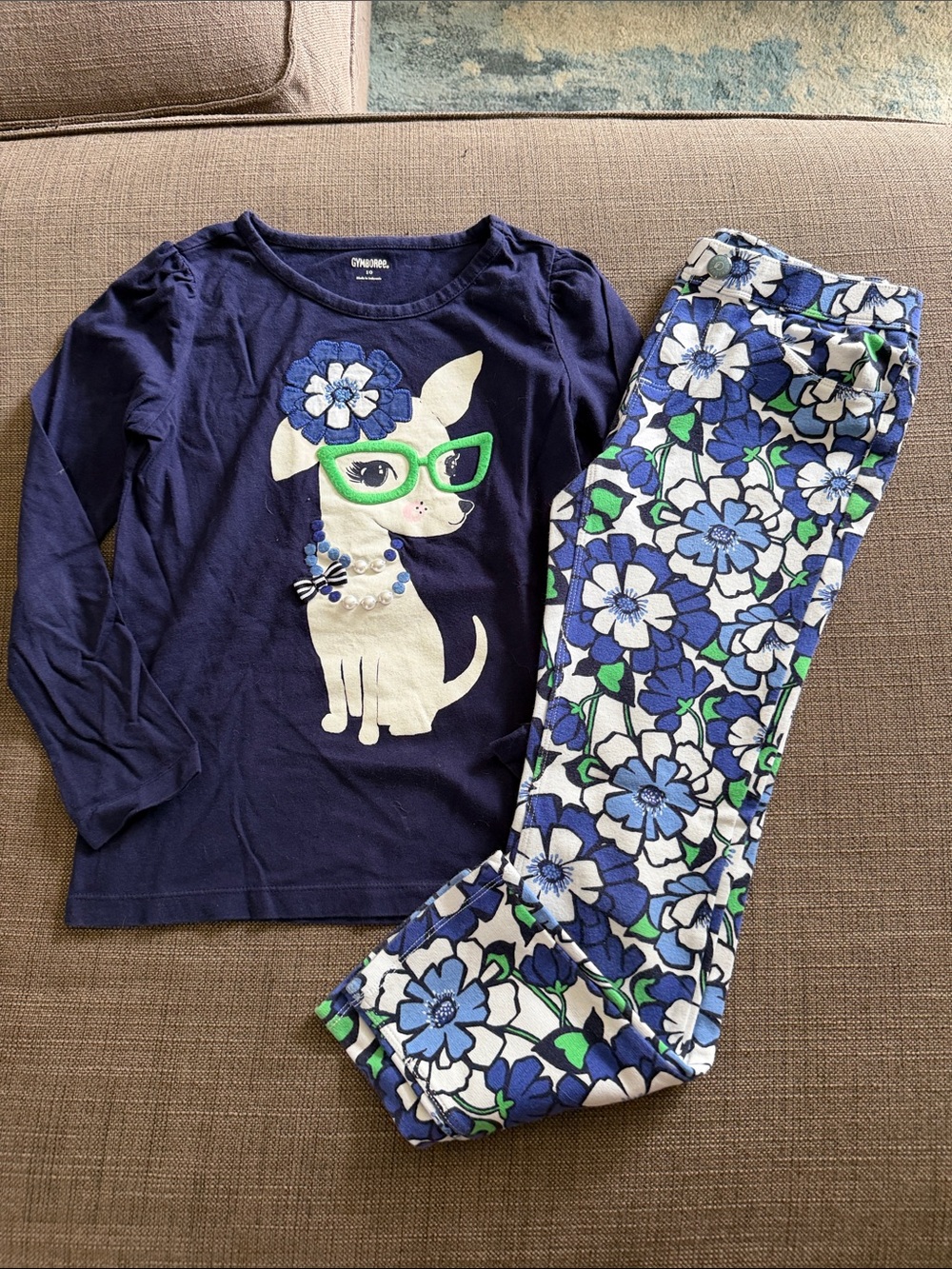 Gymboree Navy Floral Dog Pajama Set with Green Accents